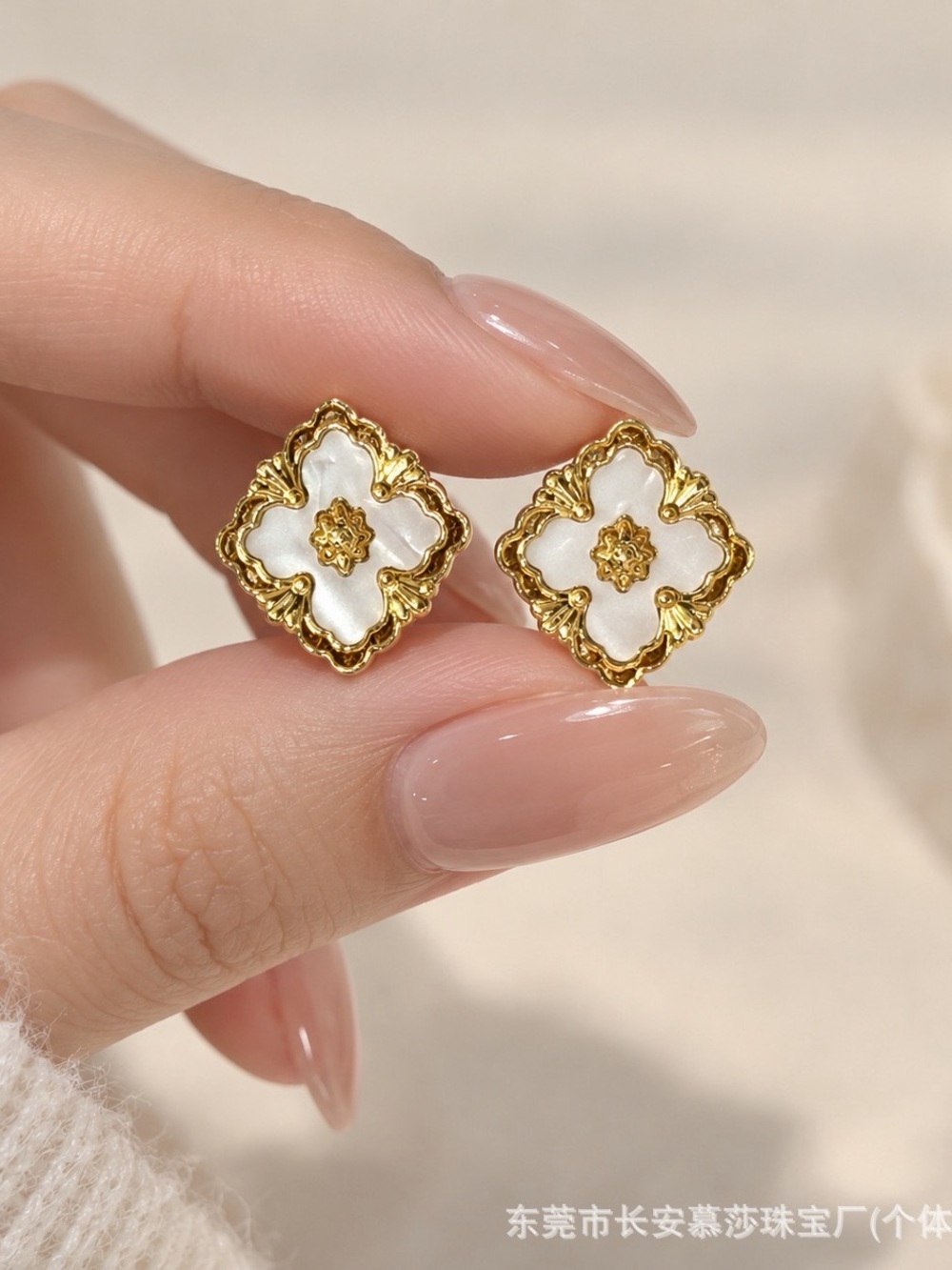 Gold & White Floral Statement Stud Earrings - Picture 7 of 10